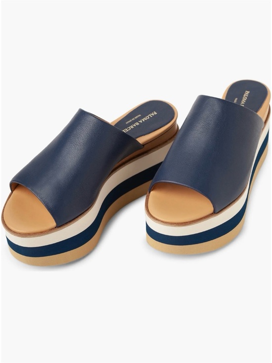 Paloma Barcelo Shoes - Paloma Barcelo Navy and Tan Striped Platform Slide Sandals
